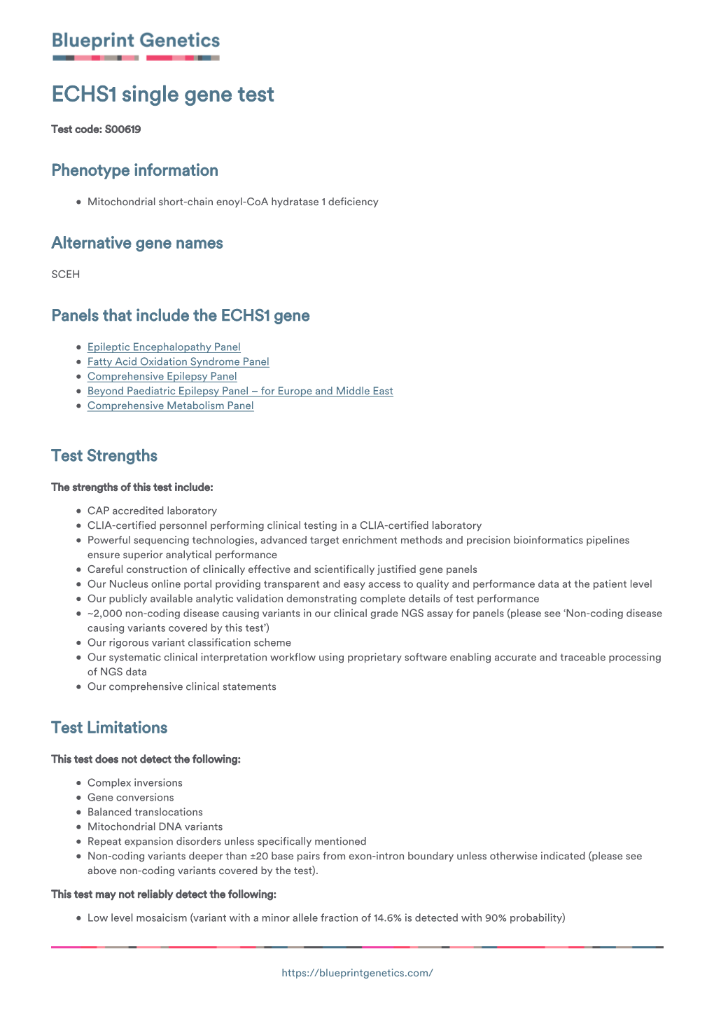 Blueprint Genetics ECHS1 Single Gene Test
