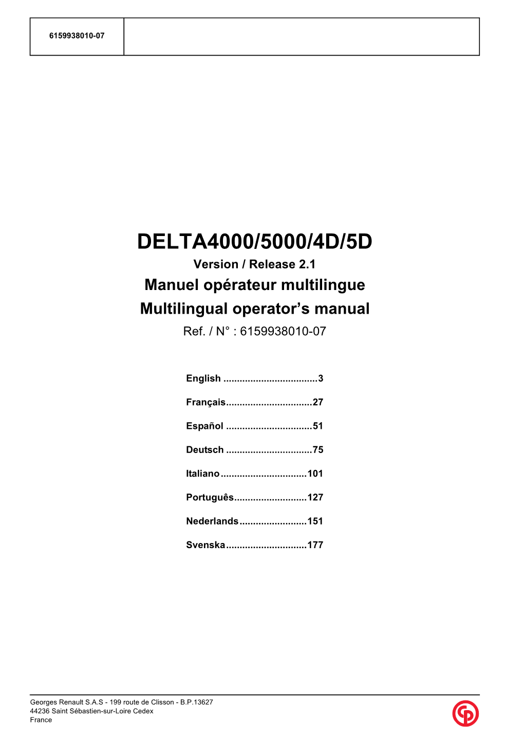 DELTA4000/5000/4D/5D Version / Release 2.1 Manuel Opérateur Multilingue Multilingual Operator’S Manual Ref