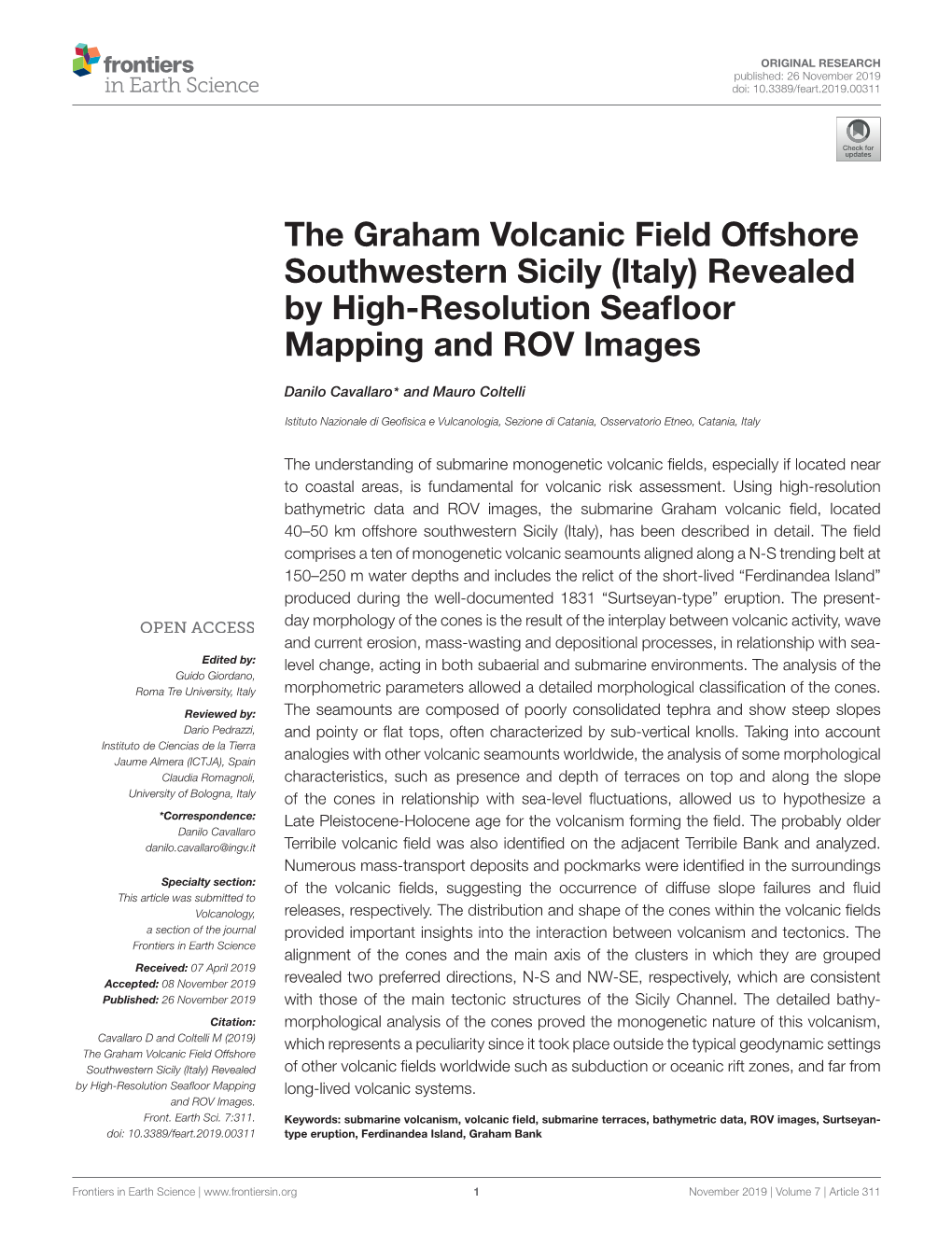 The Graham Volcanic Field Offshore Southwestern Sicily (Italy) Revealed by High-Resolution Seaﬂoor Mapping and ROV Images