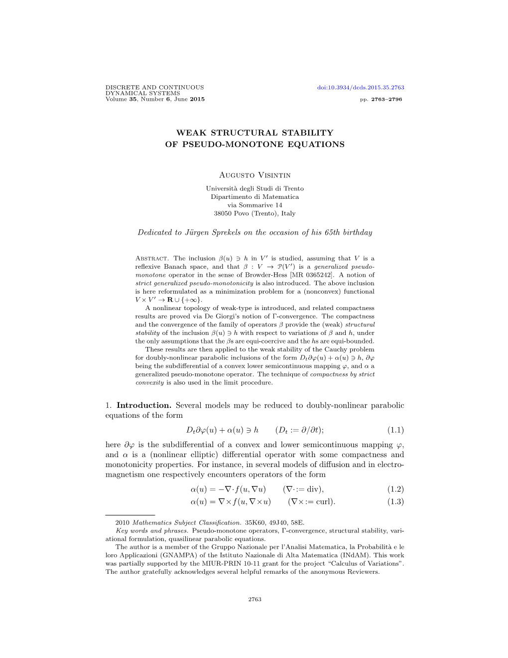 Weak Structural Stability of Pseudo-Monotone Equations