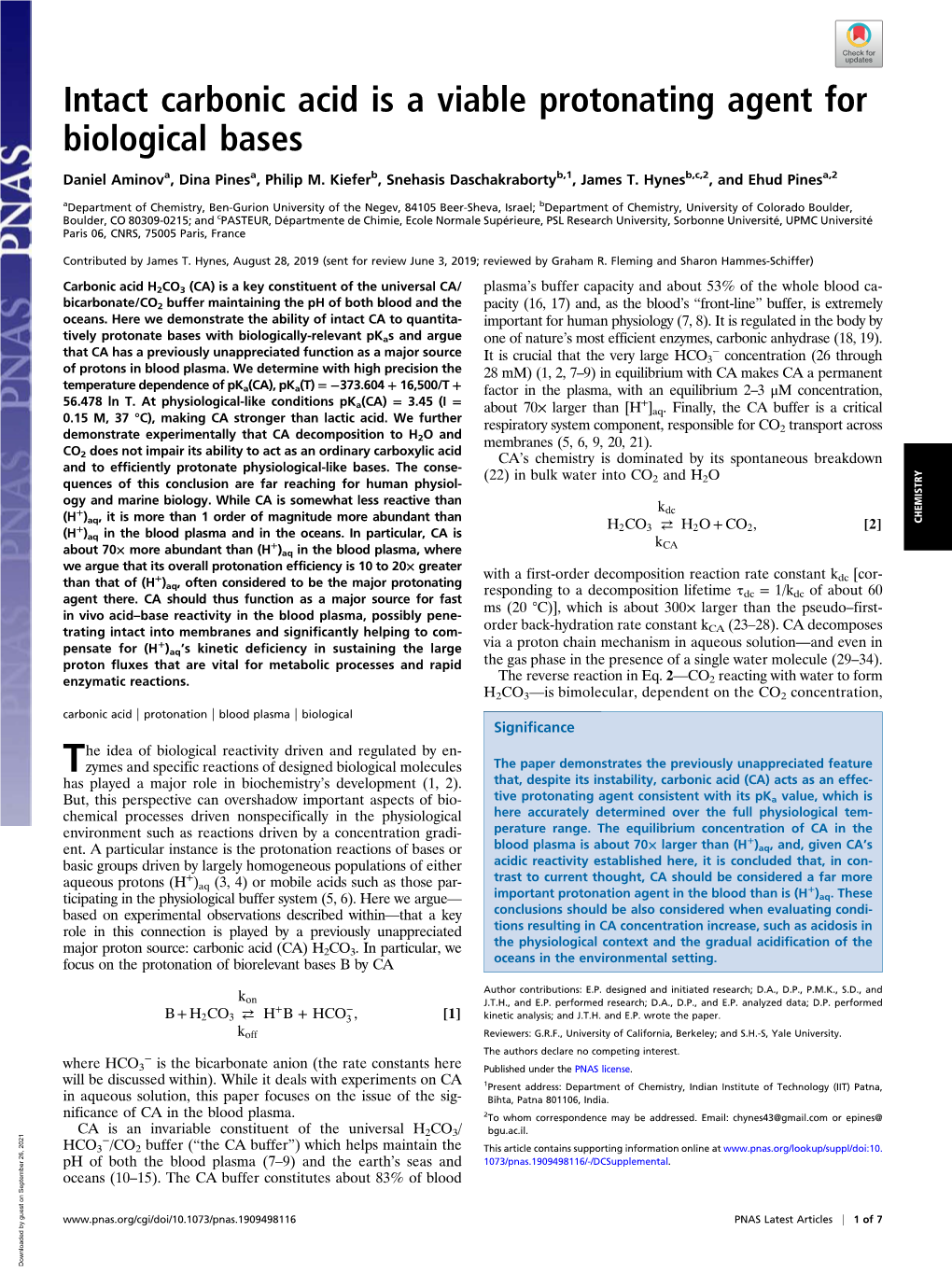 Intact Carbonic Acid Is a Viable Protonating Agent for Biological Bases