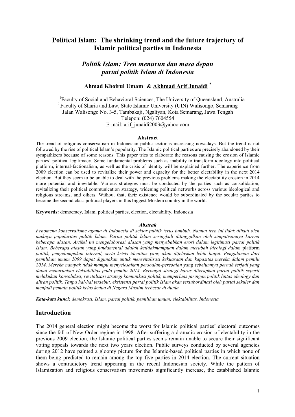 Political Islam: the Shrinking Trend and the Future Trajectory of Islamic Political Parties in Indonesia