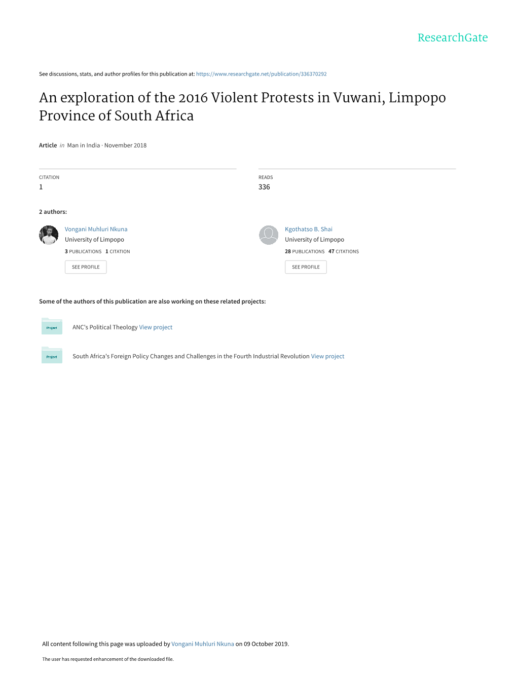 An Exploration of the 2016 Violent Protests in Vuwani, Limpopo Province of South Africa