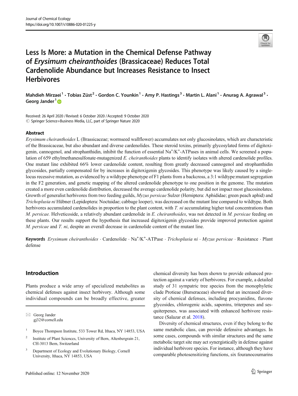 Erysimum Cheiranthoides (Brassicaceae) Reduces Total Cardenolide Abundance but Increases Resistance to Insect Herbivores