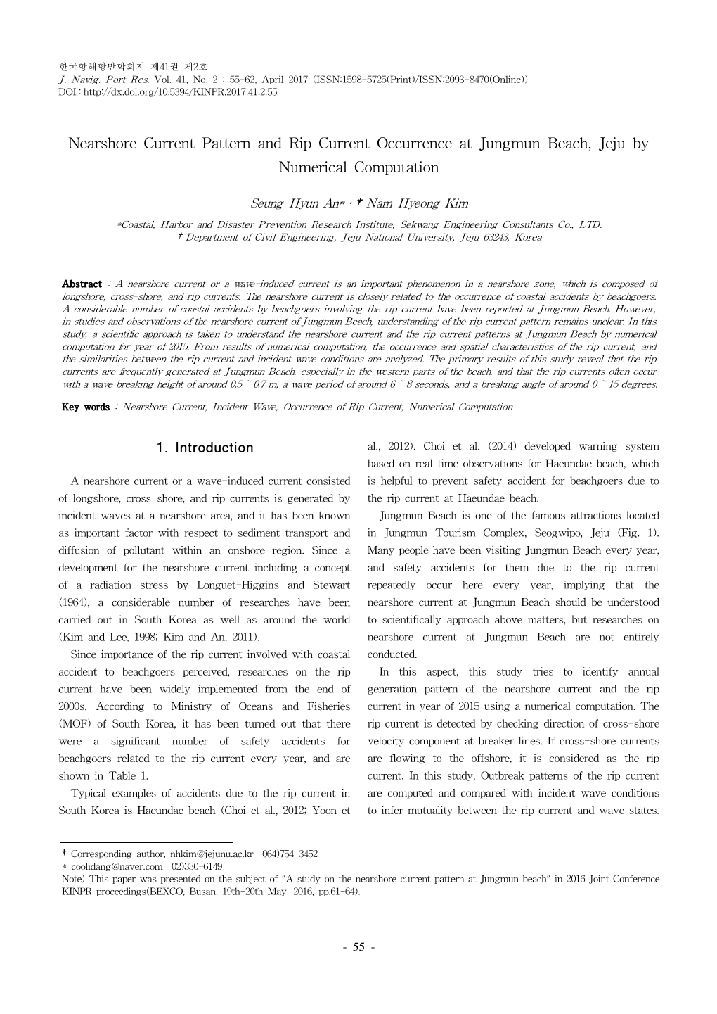 Nearshore Current Pattern and Rip Current Occurrence at Jungmun Beach, Jeju by Numerical Computation 1. Introduction