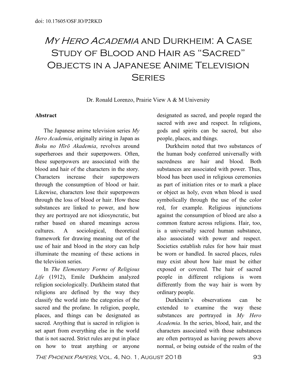 My Hero Academia and Durkheim: a Case Study of Blood and Hair As “Sacred” Objects in a Japanese Anime Television Series