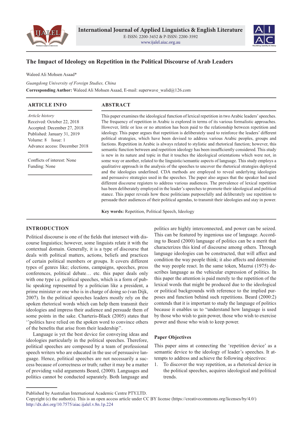 The Impact of Ideology on Repetition in the Political Discourse of Arab Leaders