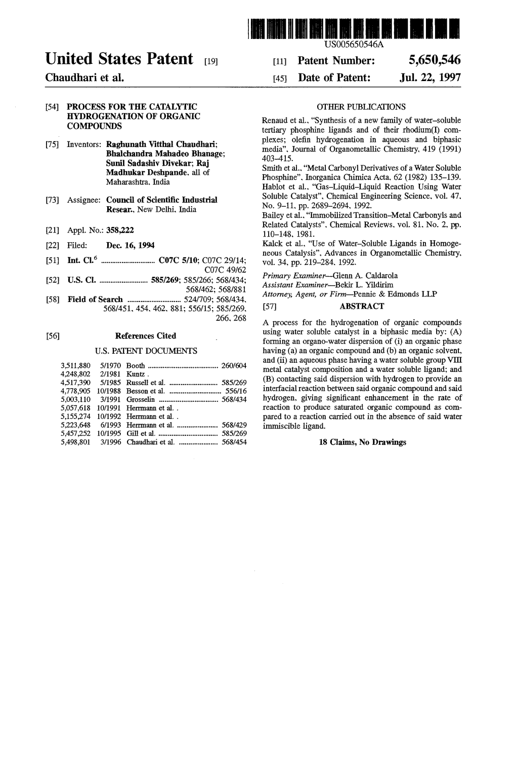 United States Patent (19) 11 Patent Number: 5,650,546 Chaudhari Et Al