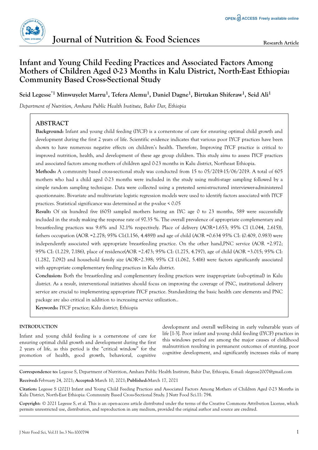 Infant and Young Child Feeding Practices and Associated Factors