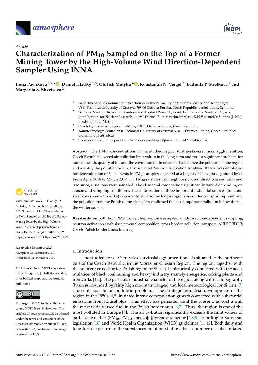 Characterization of PM10 Sampled on the Top of a Former Mining Tower by the High-Volume Wind Direction-Dependent Sampler Using INNA