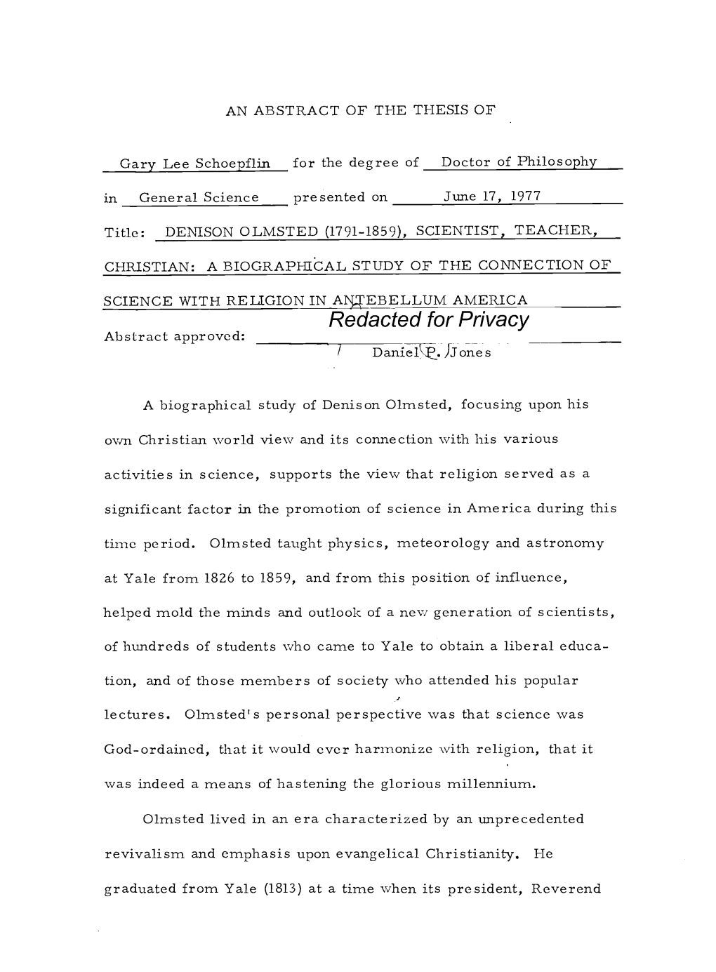 Denison Olmsted (1791-1859), Scientist, Teacher, Christian: a Biographical Study of the Connection Of