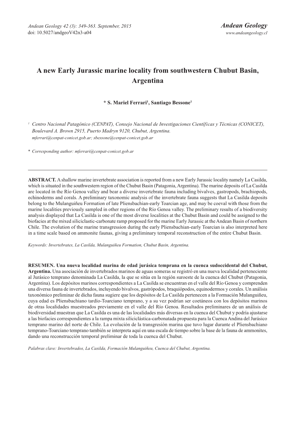 A New Early Jurassic Marine Locality from Southwestern Chubut Basin, Argentina