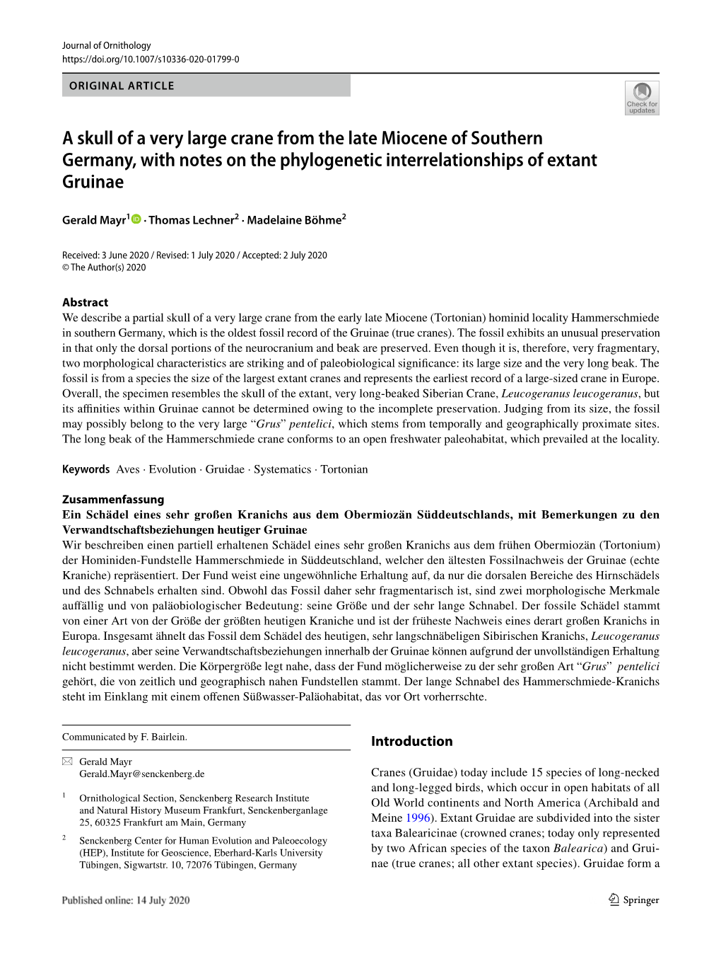 A Skull of a Very Large Crane from the Late Miocene of Southern Germany, with Notes on the Phylogenetic Interrelationships of Extant Gruinae