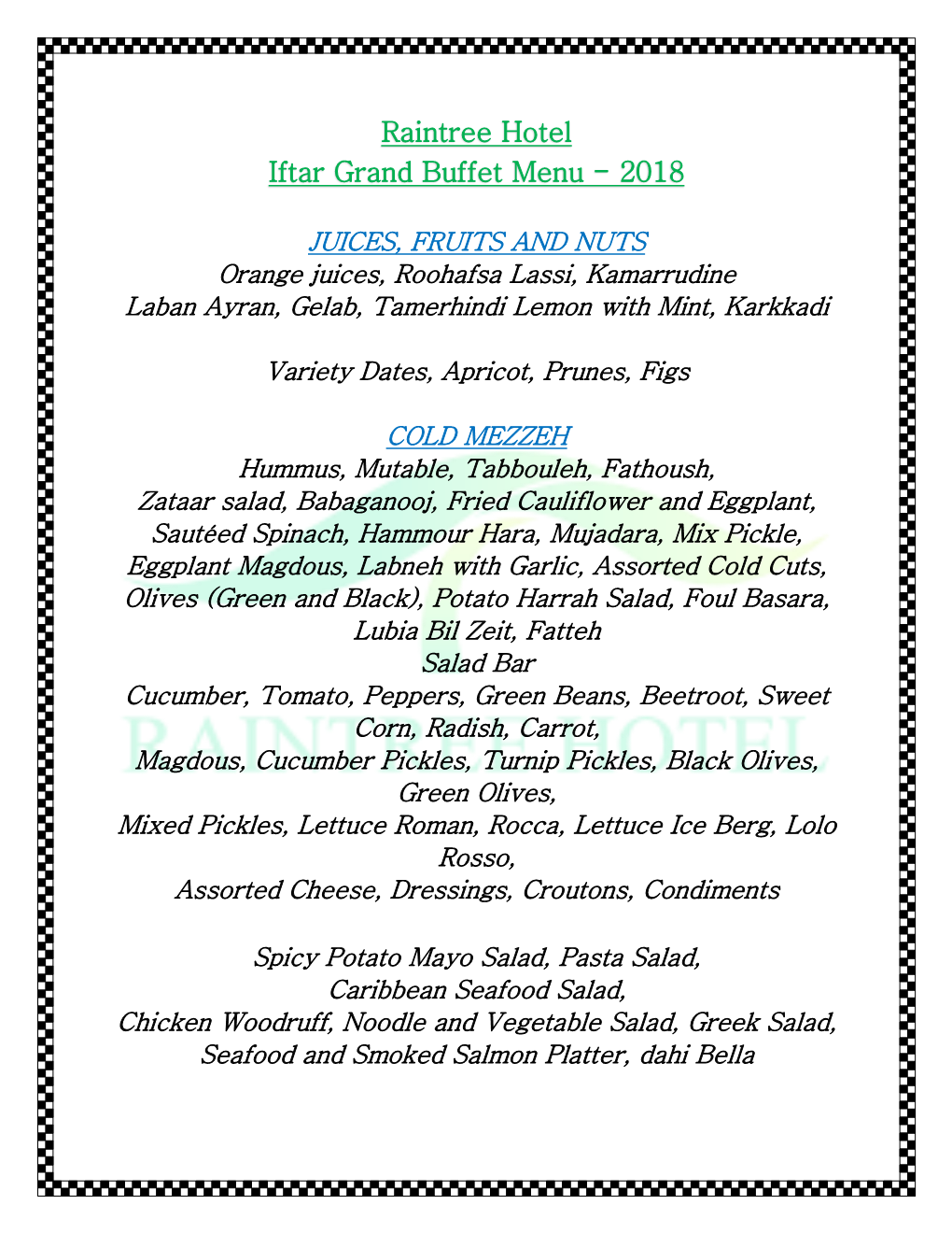 Raintree Hotel Iftar Grand Buffet Menu - 2018