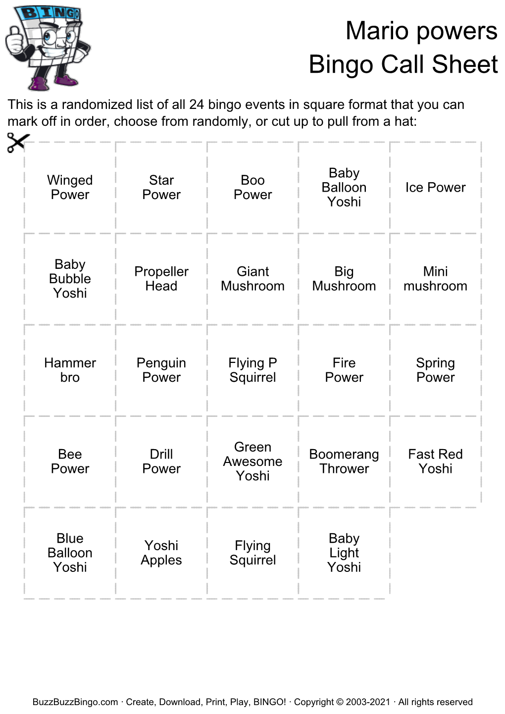 Mario Powers Bingo Call Sheet