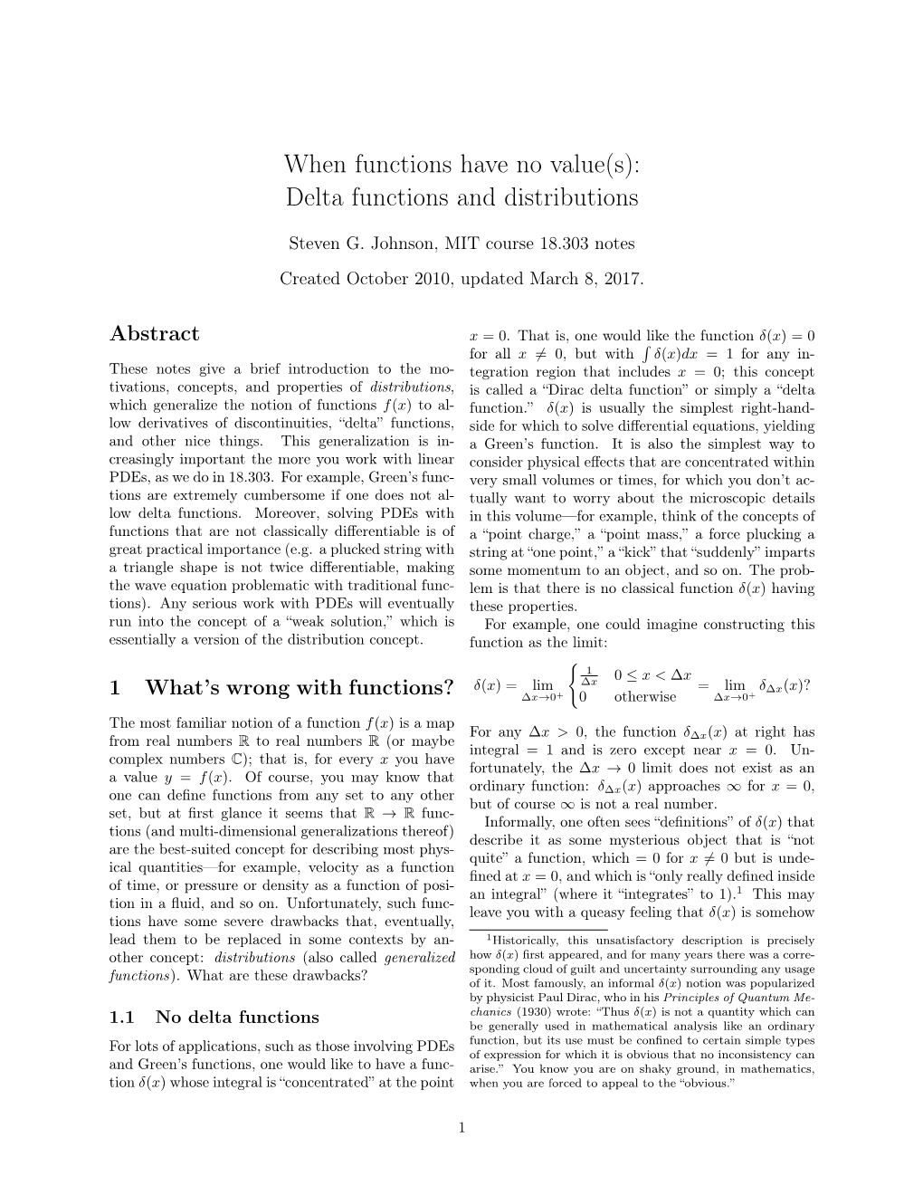 Delta Functions and Distributions