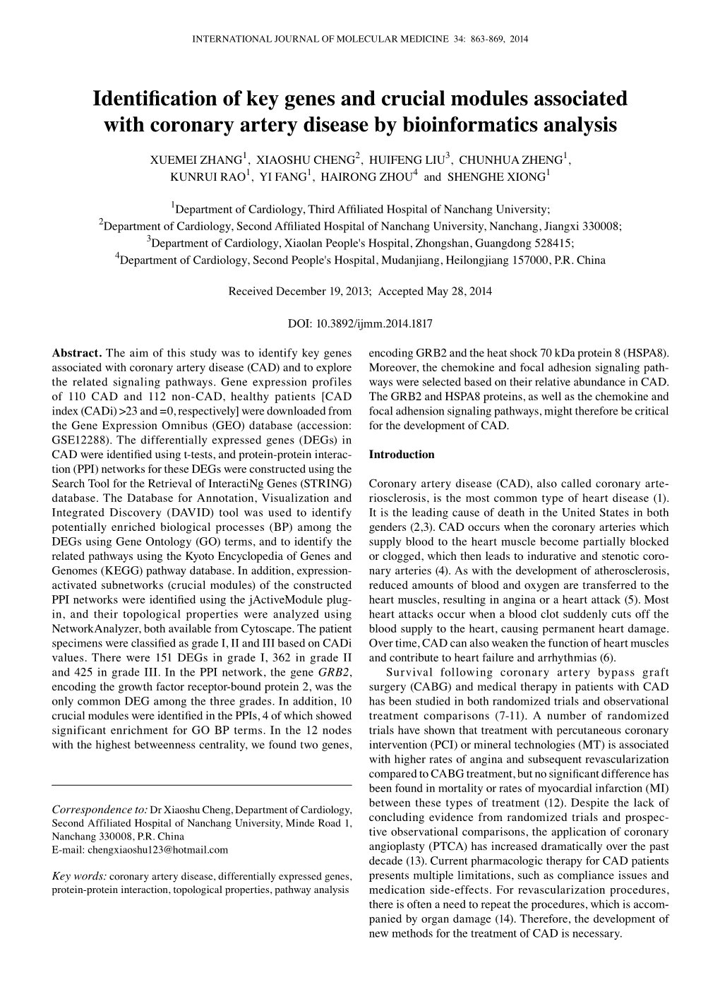 Identification of Key Genes and Crucial Modules Associated with Coronary Artery Disease by Bioinformatics Analysis