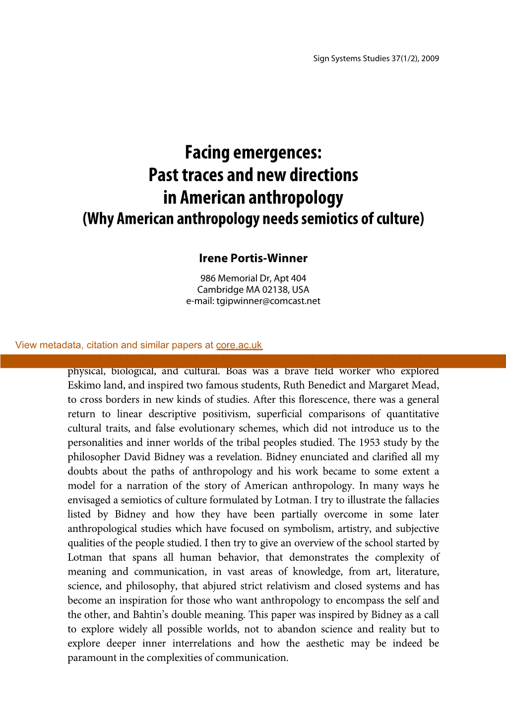 Facing Emergences: Past Traces and New Directions in American Anthropology (Why American Anthropology Needs Semiotics of Culture)