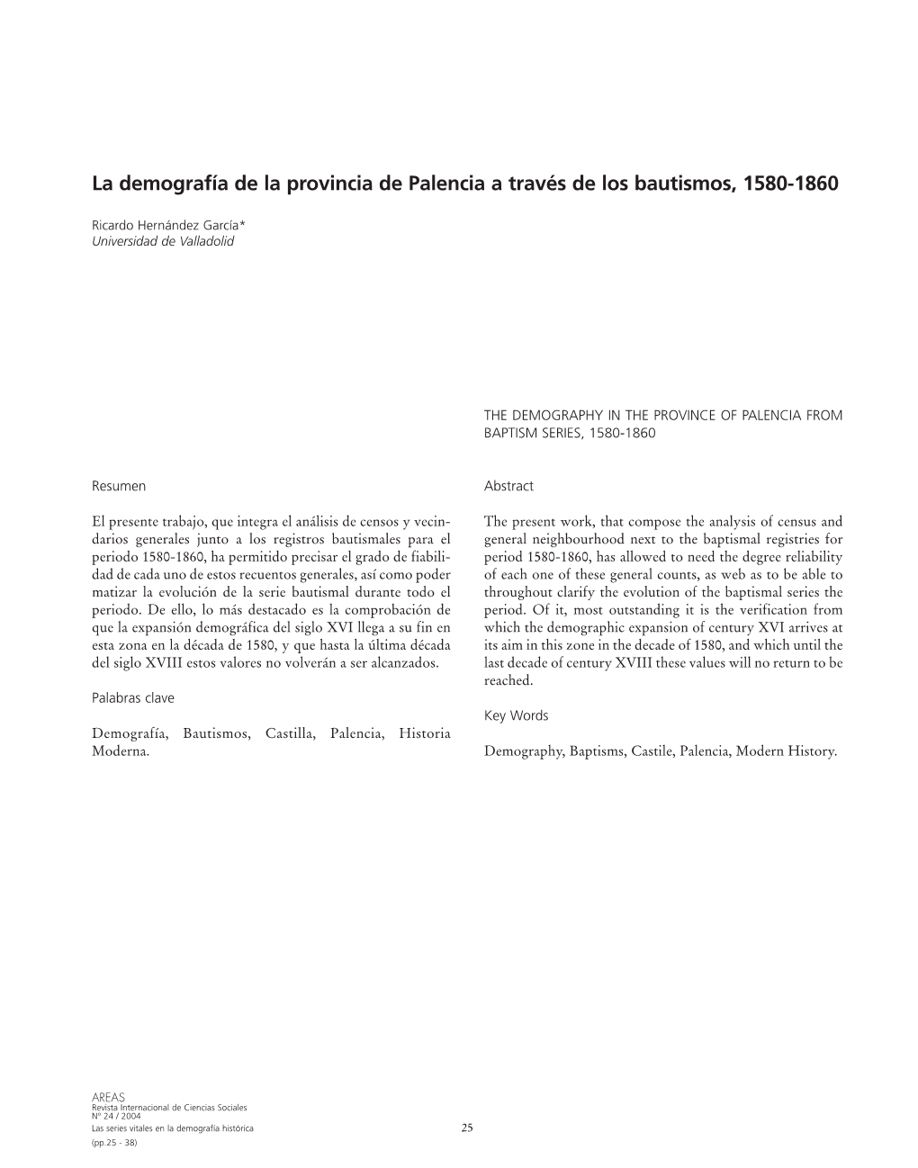 La Demografía De La Provincia De Palencia a Través De Los Bautismos, 1580-1860