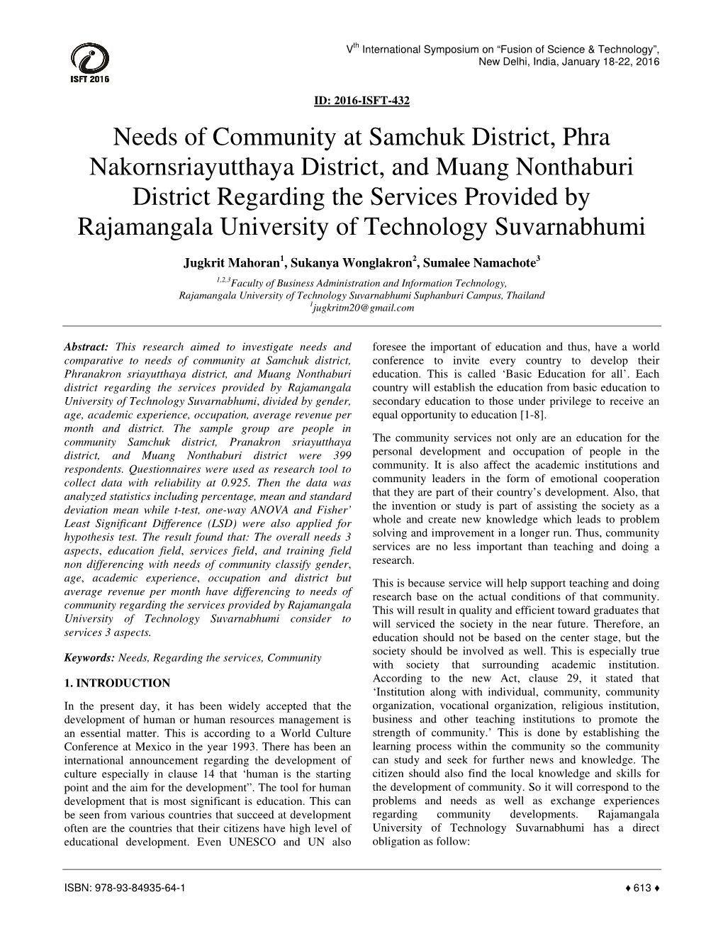 Needs of Community at Samchuk District, Phra Nakornsriayutthaya