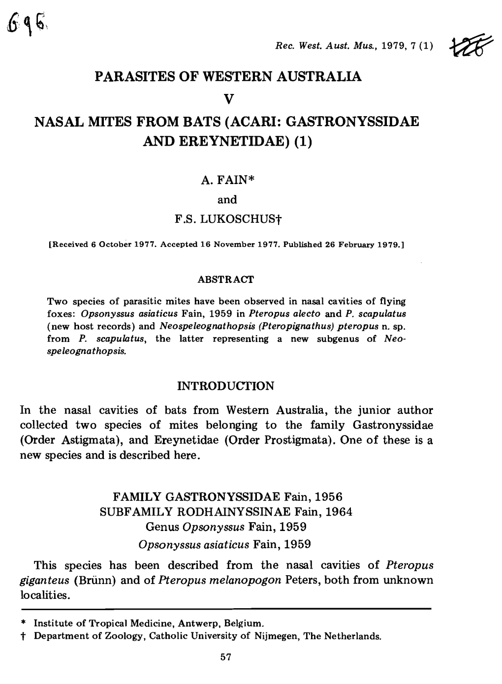 Parasites of Western Australia V Nasal Mites from Bats (Acari: Gastronyssidae and Ereynetidae) (1)