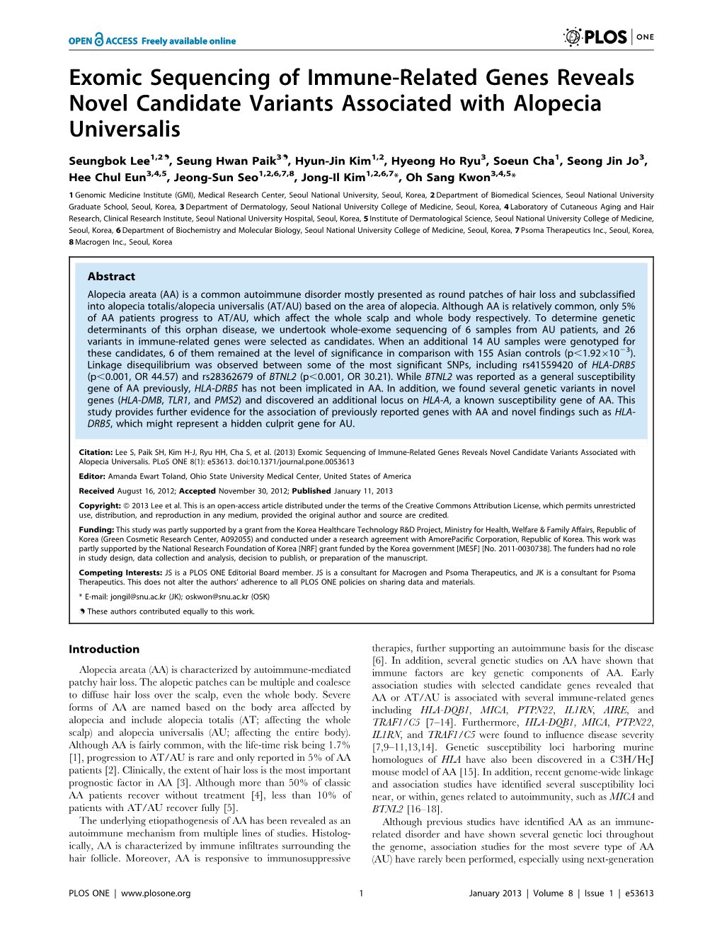 Exomic Sequencing of Immune-Related Genes Reveals Novel Candidate Variants Associated with Alopecia Universalis