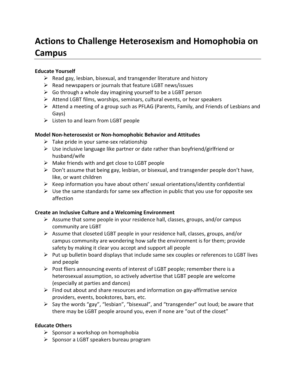 Actions to Challenge Heterosexism and Homophobia on Campus