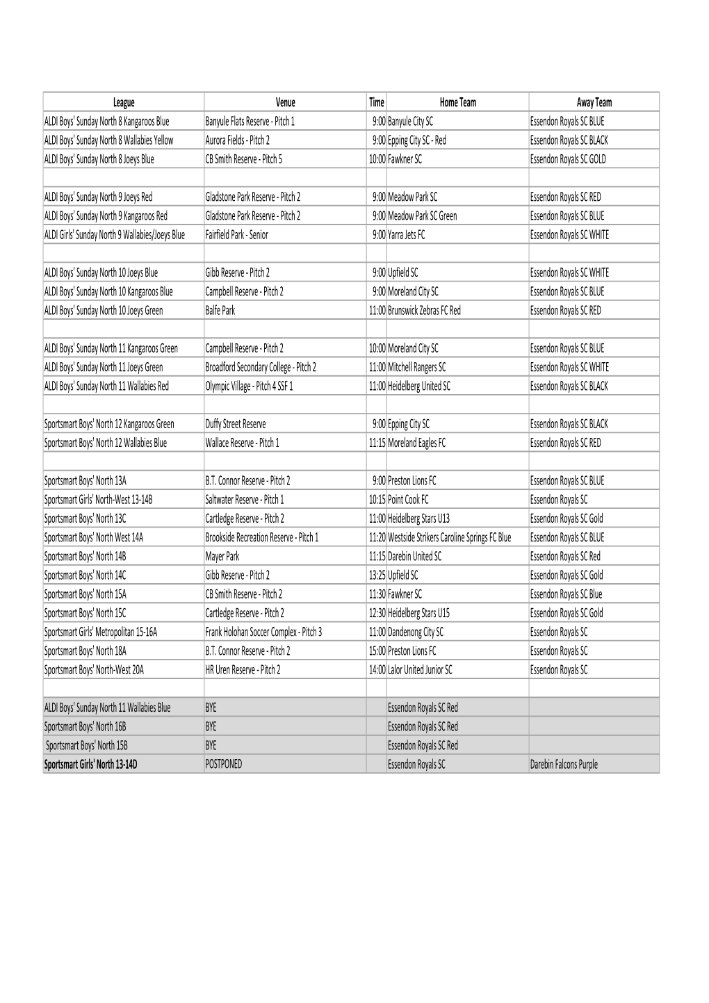 League Venue Time Home Team Away Team ALDI Boys' Sunday