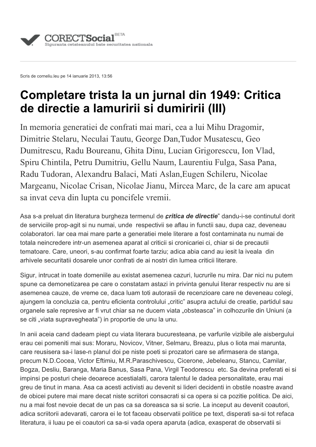 Completare Trista La Un Jurnal Din 1949: Critica De Directie A