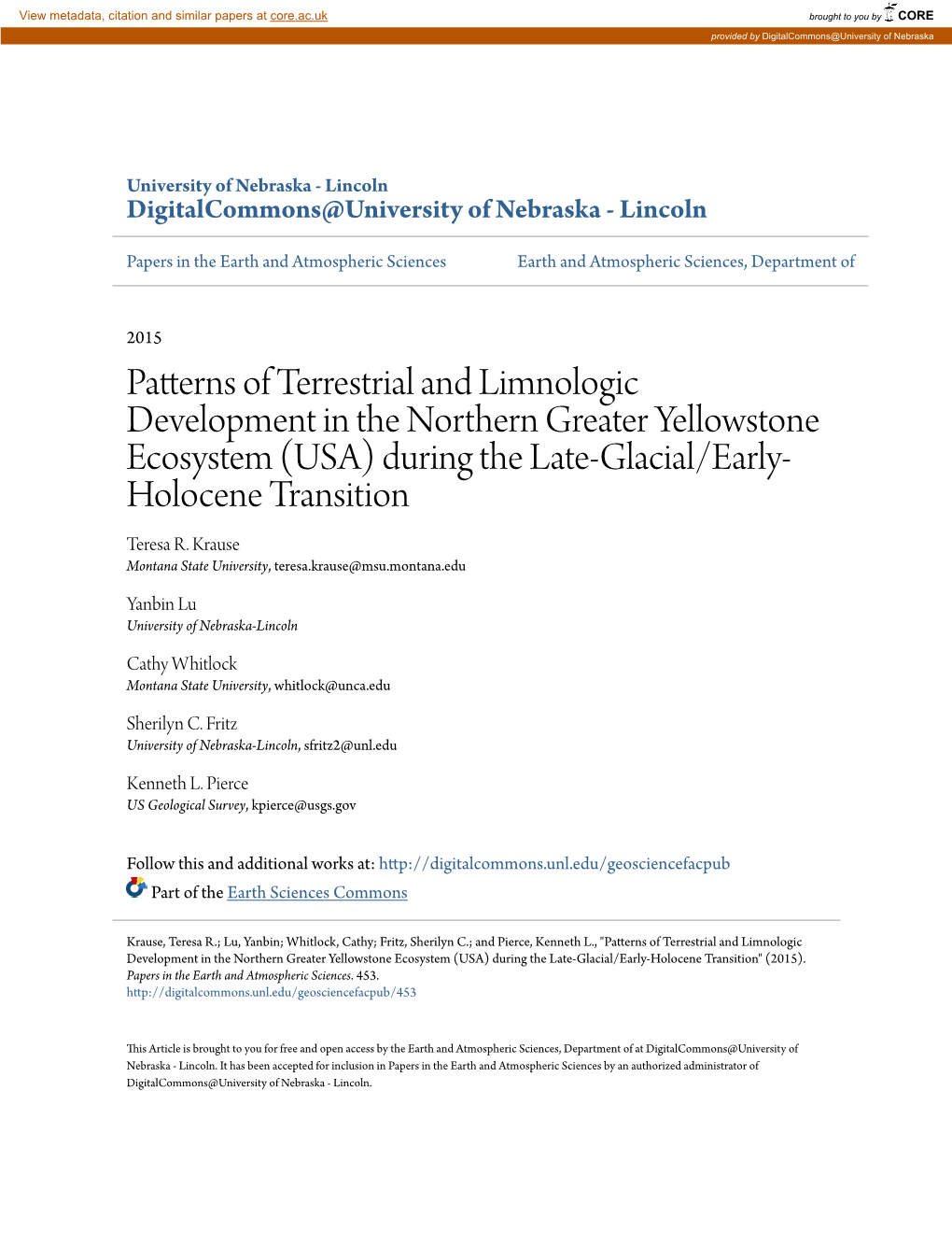 Patterns of Terrestrial and Limnologic Development in the Northern Greater Yellowstone Ecosystem (USA) During the Late-Glacial/Early- Holocene Transition Teresa R