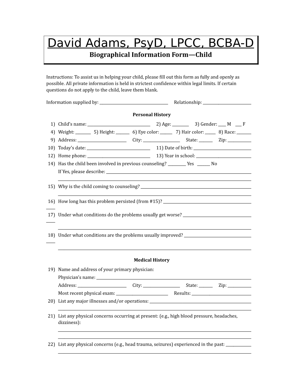 Biographical Information Form Child
