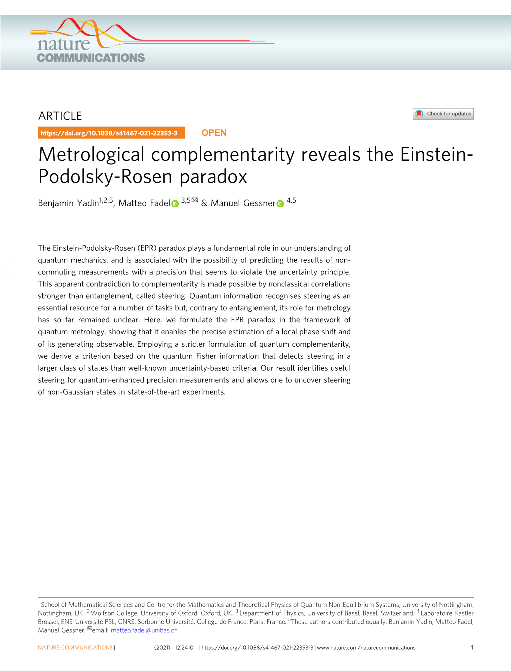 Metrological Complementarity Reveals the Einstein-Podolsky-Rosen Paradox