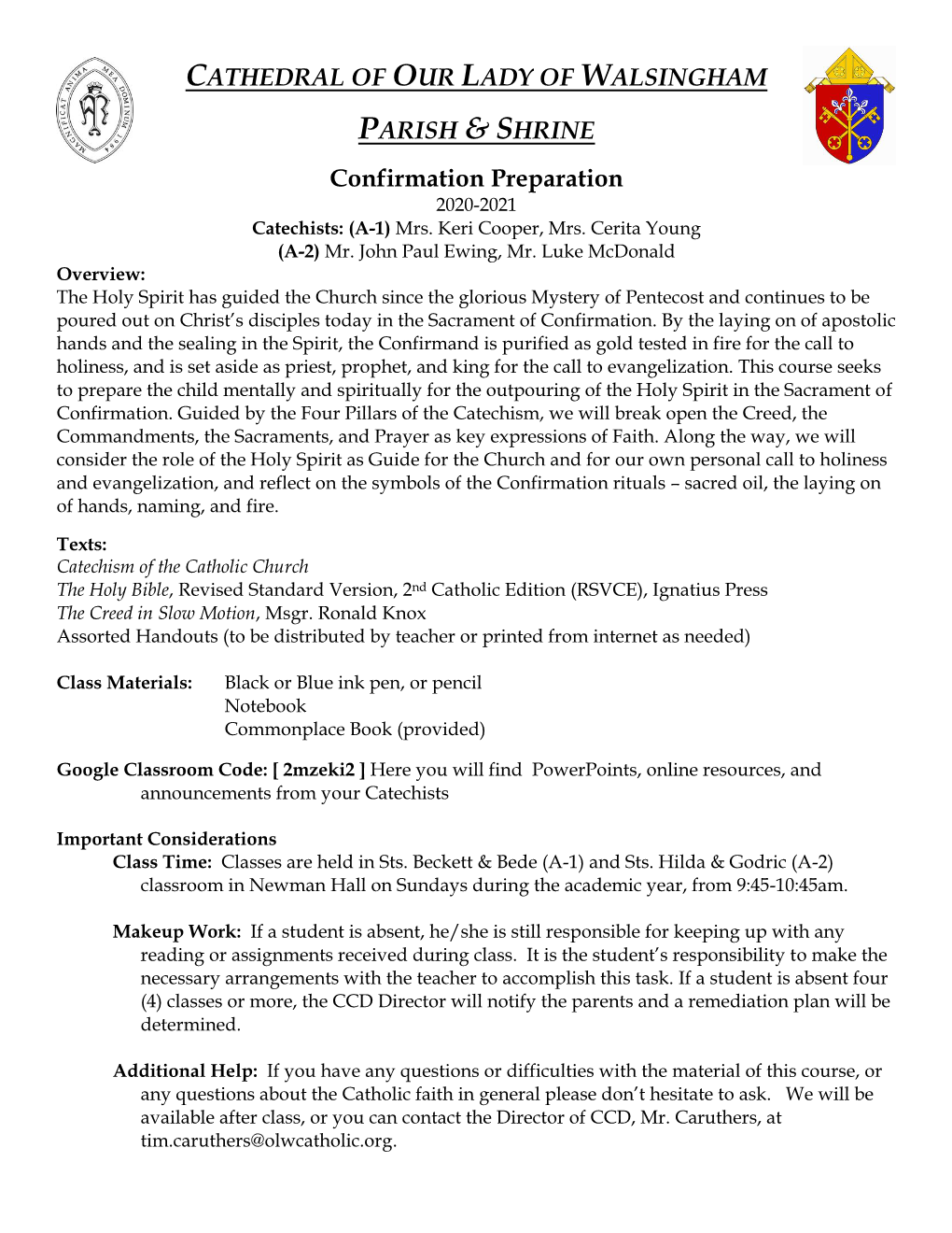 Confirmation Preparation 2020-2021 Catechists: (A-1) Mrs