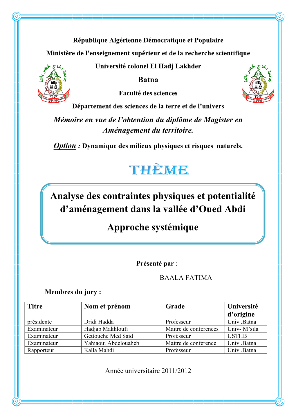 Analyse Des Contraintes Physiques Et Potentialité D'aménagement Dans La