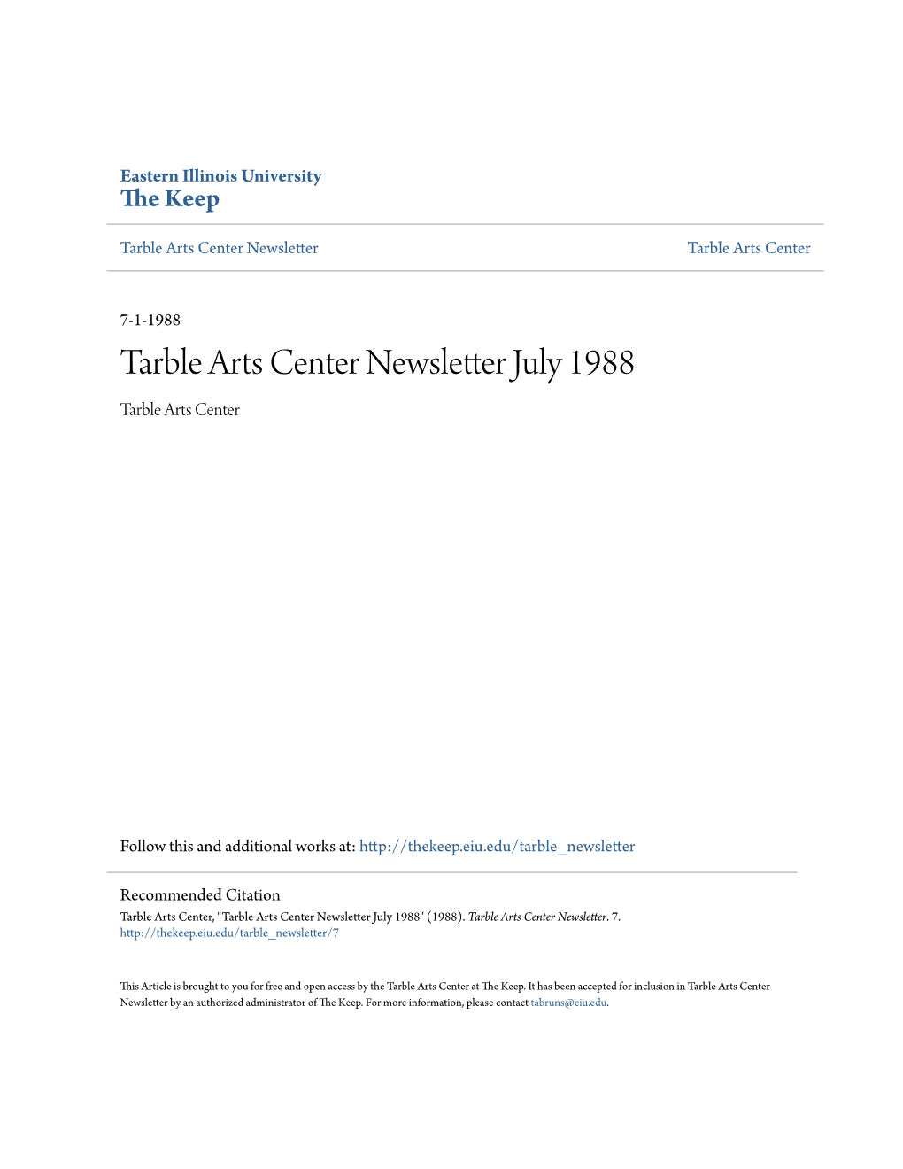 Tarble Arts Center Newsletter July 1988 Tarble Arts Center