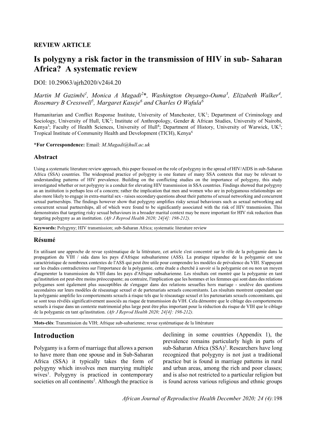 Is Polygyny a Risk Factor in the Transmission of HIV in Sub- Saharan Africa? a Systematic Review