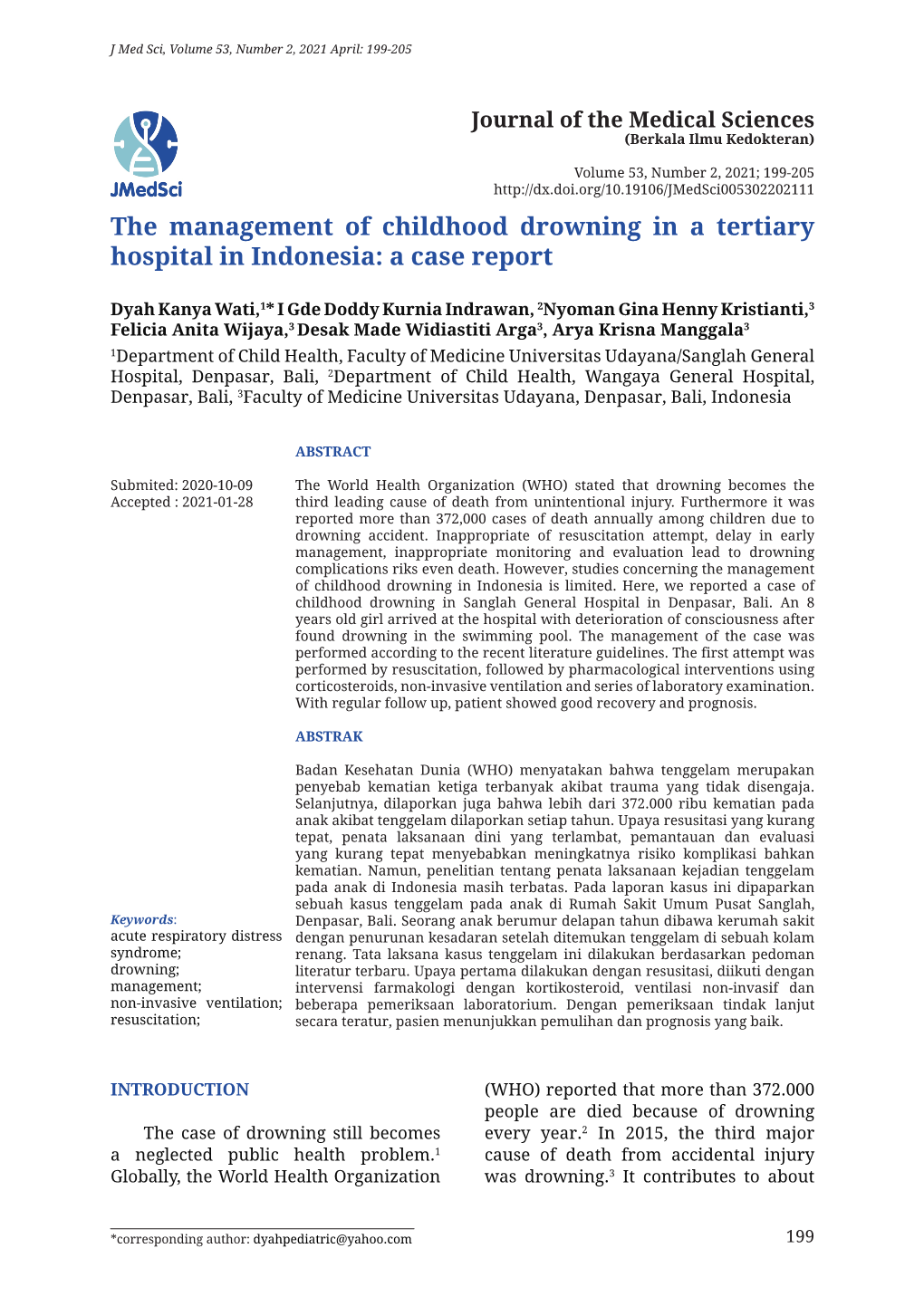 The Management of Childhood Drowning in a Tertiary Hospital in Indonesia: a Case Report