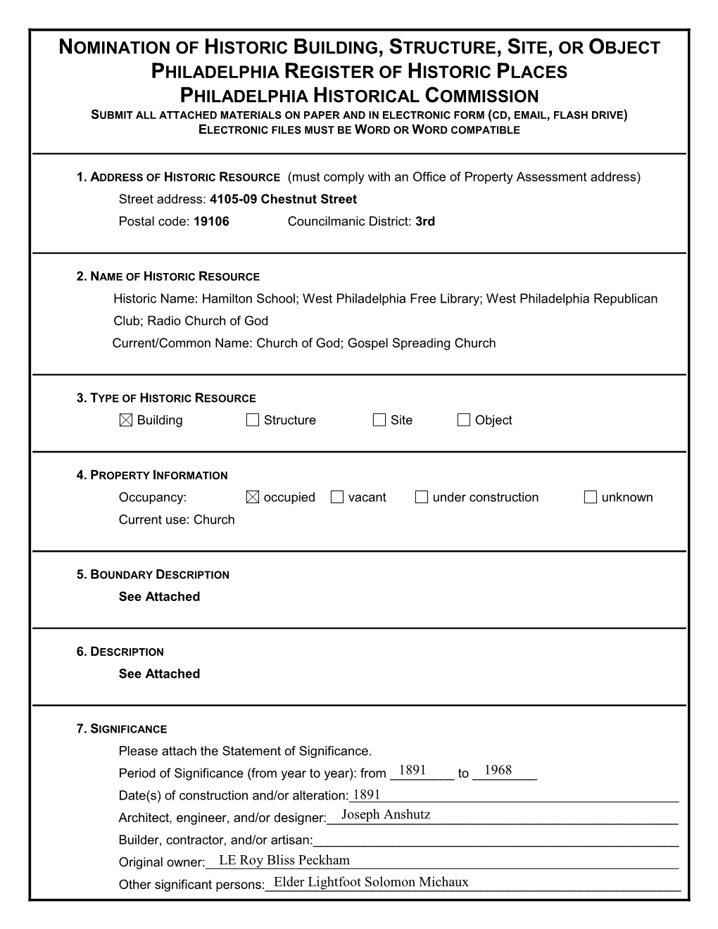 Nomination of Historic Building, Structure, Site, Or