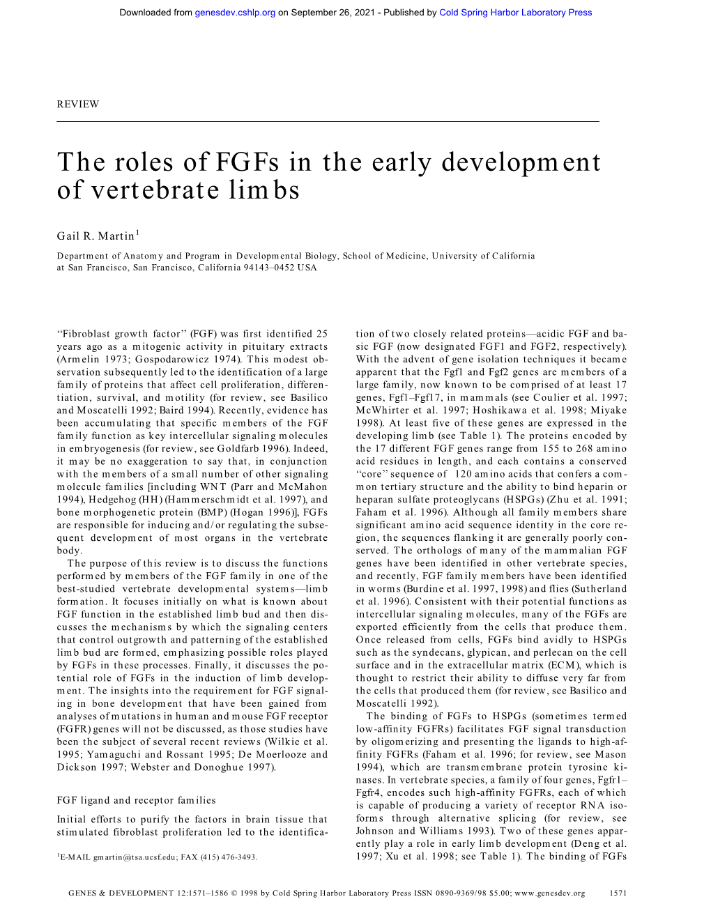 The Roles of Fgfs in the Early Development of Vertebrate Limbs