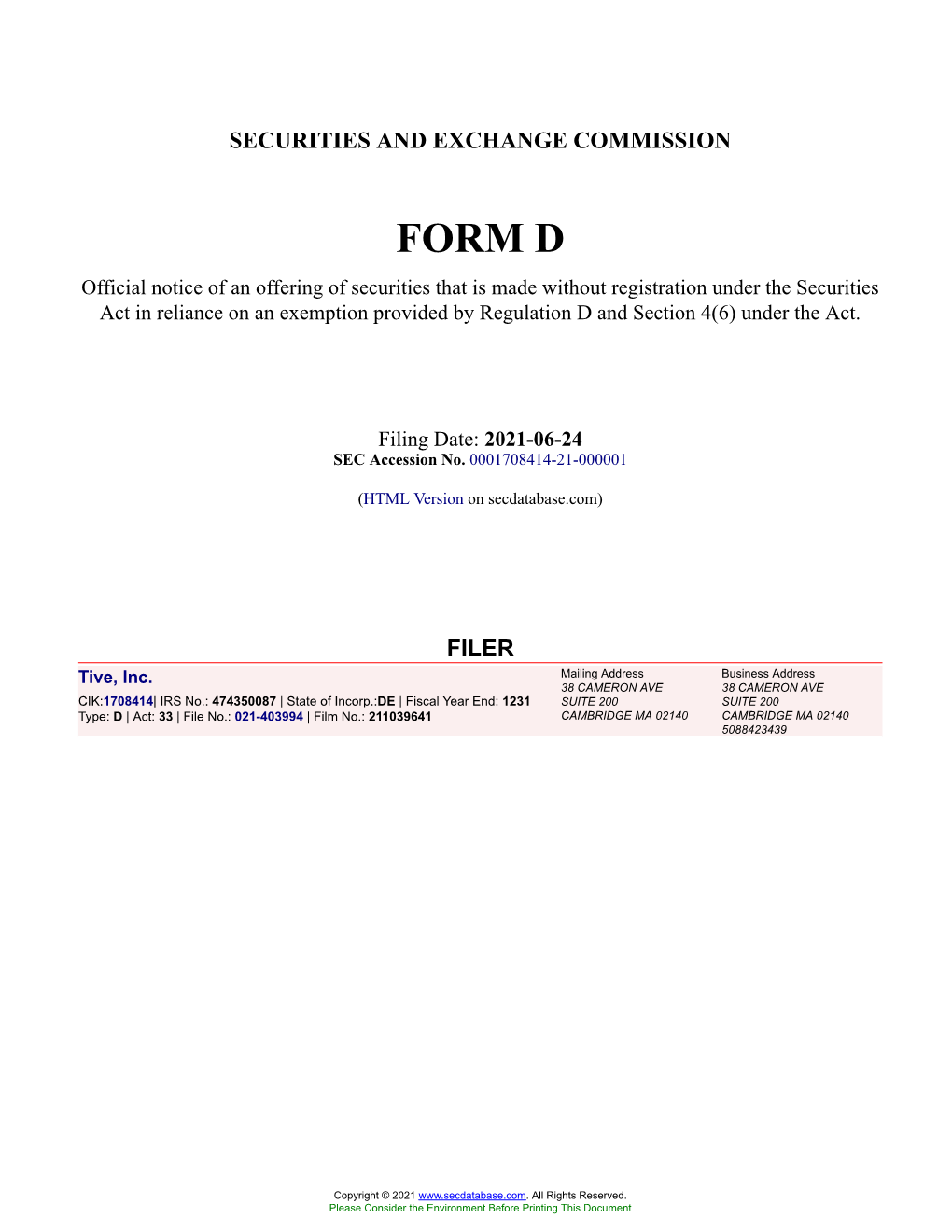 Tive, Inc. Form D Filed 2021-06-24