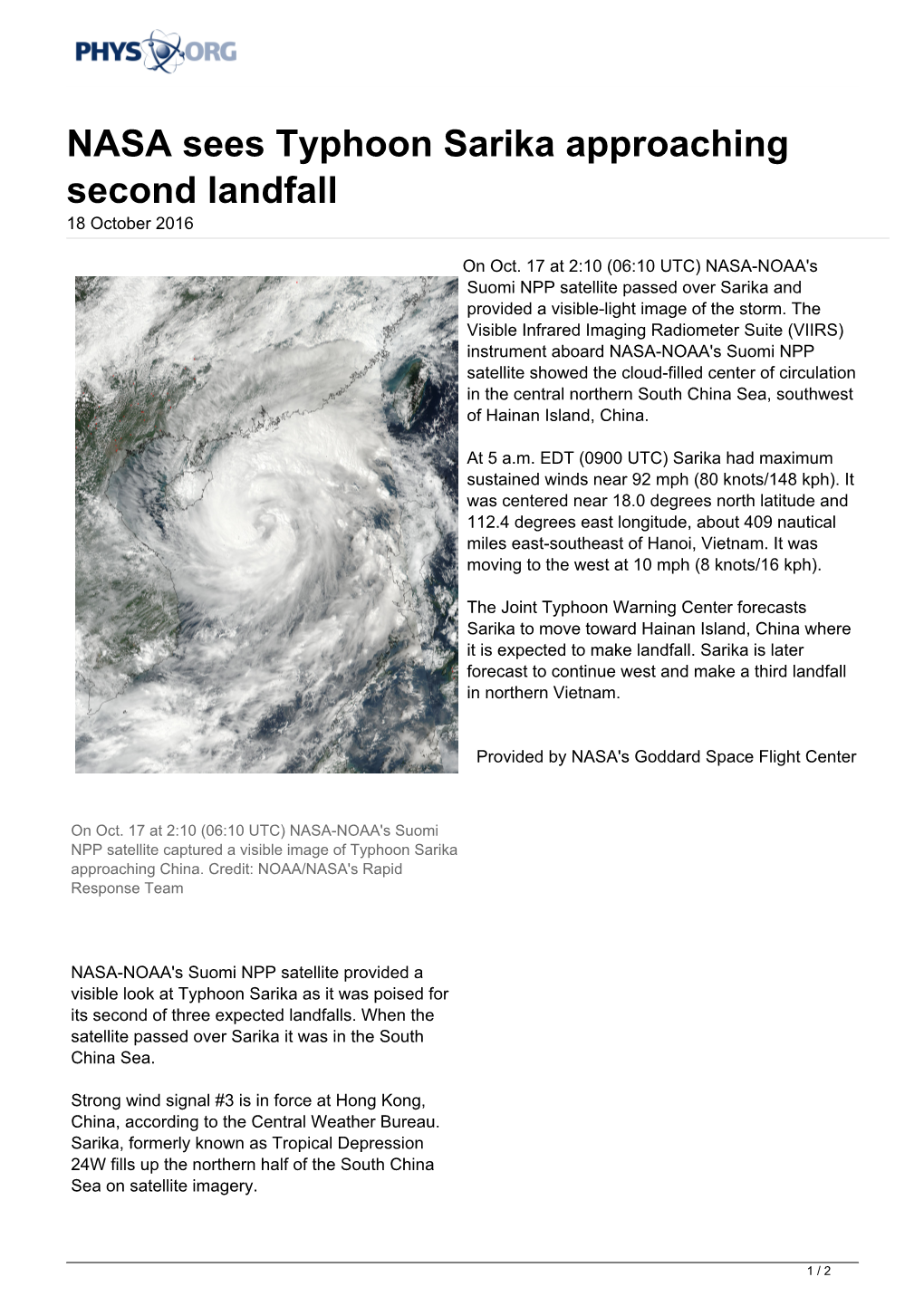 NASA Sees Typhoon Sarika Approaching Second Landfall 18 October 2016