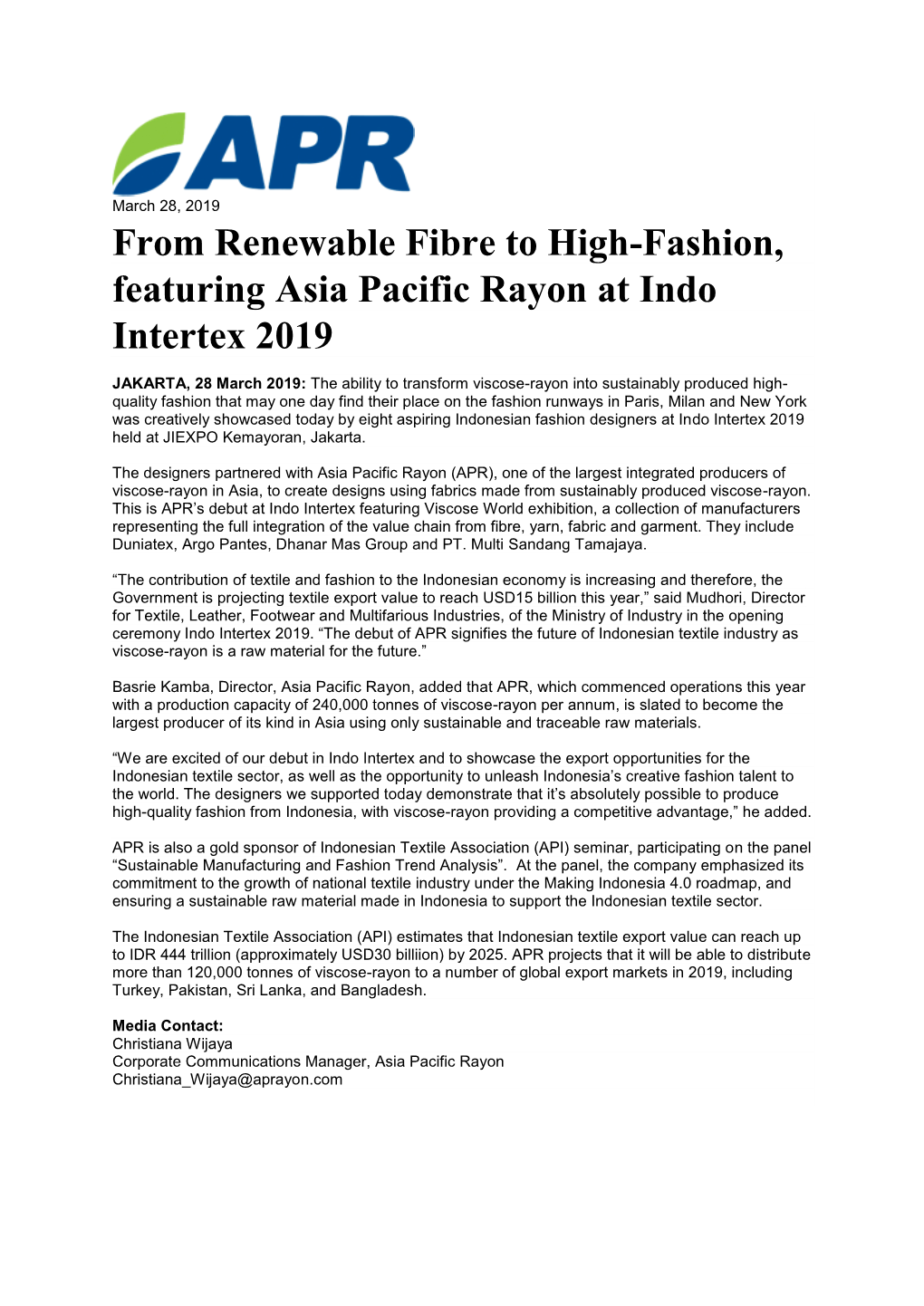 From Renewable Fibre to High-Fashion, Featuring Asia Pacific Rayon at Indo Intertex 2019