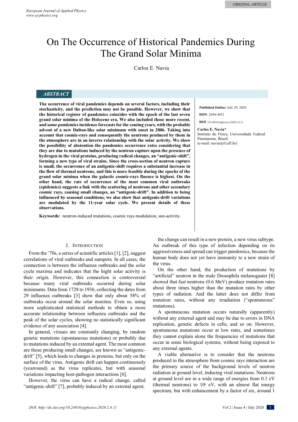 On the Occurrence of Historical Pandemics During the Grand Solar Minima