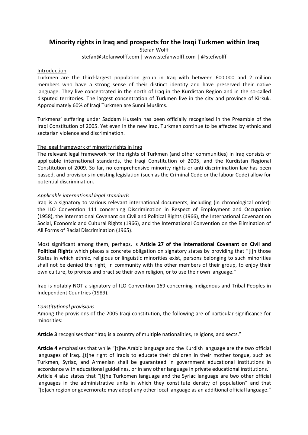 Minority Rights in Iraq and Prospects for the Iraqi Turkmen Within Iraq Stefan Wolff Stefan@Stefanwolff.Com | | @Stefwolff