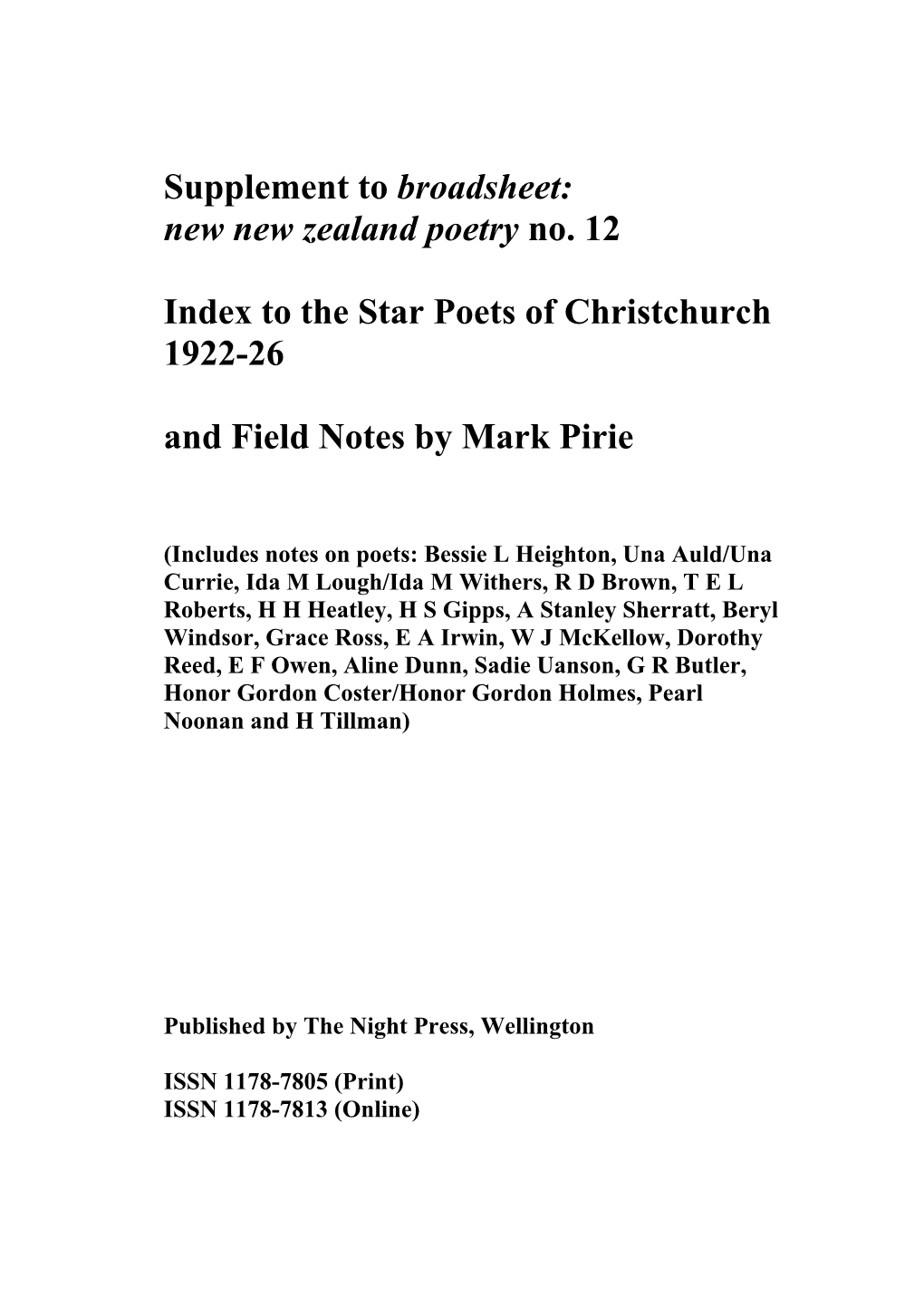 Chch Star Poets Index and Notes