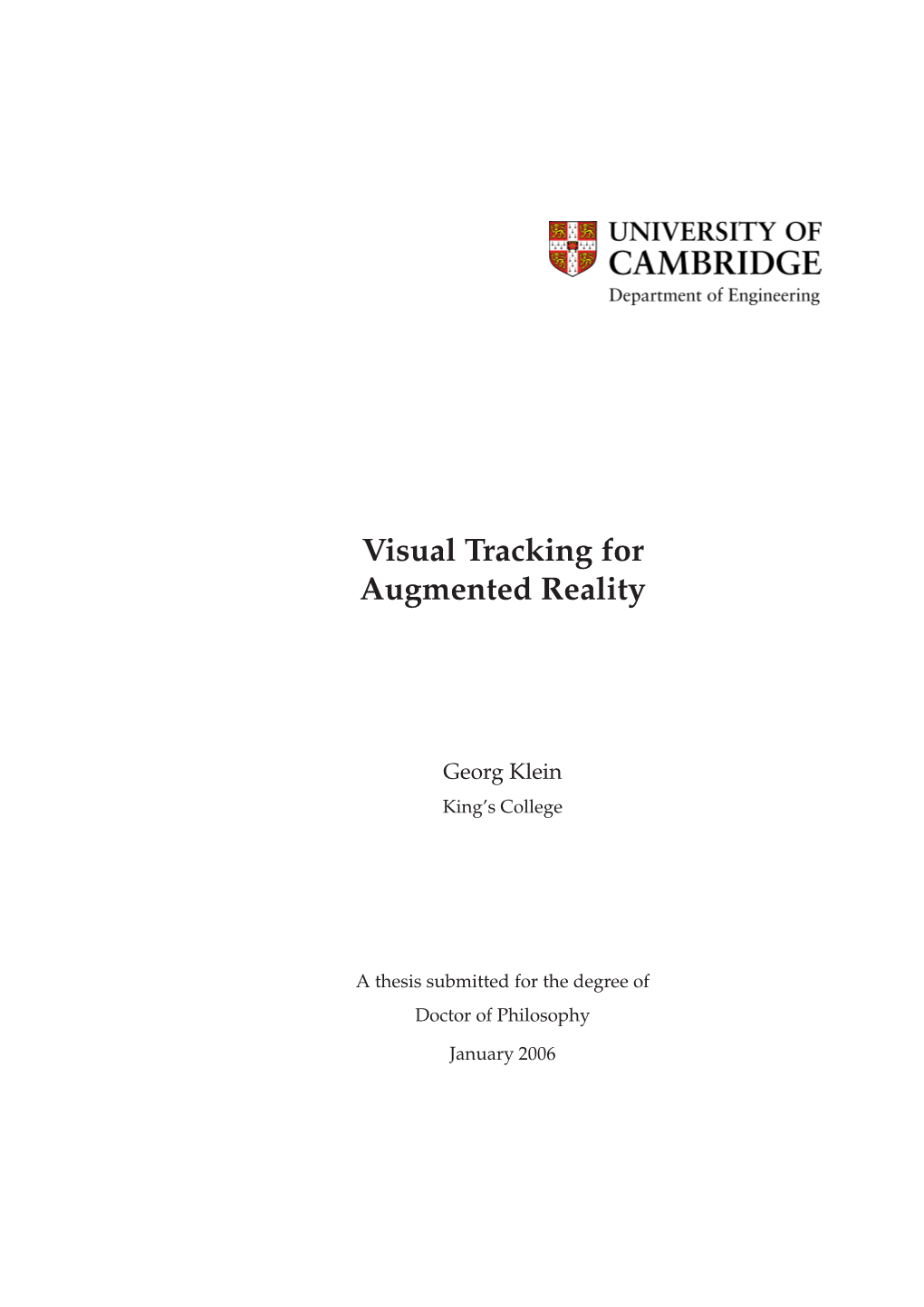 Visual Tracking for Augmented Reality