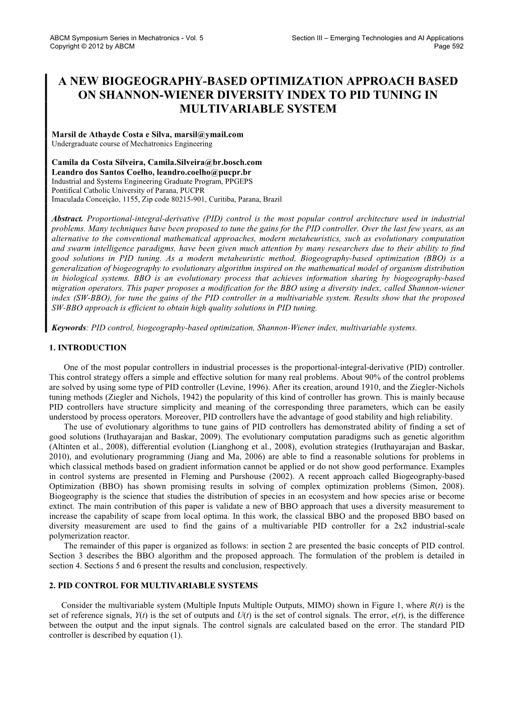 A New Biogeography-Based Optimization Approach Based on Shannon-Wiener Diversity Index to Pid Tuning in Multivariable System