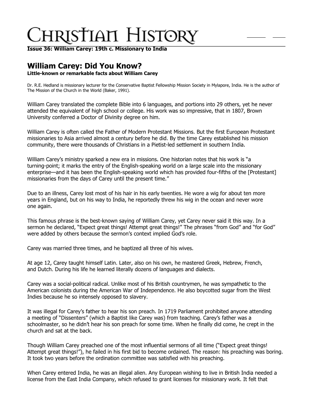 William Carey: Did You Know? Little-Known Or Remarkable Facts About William Carey