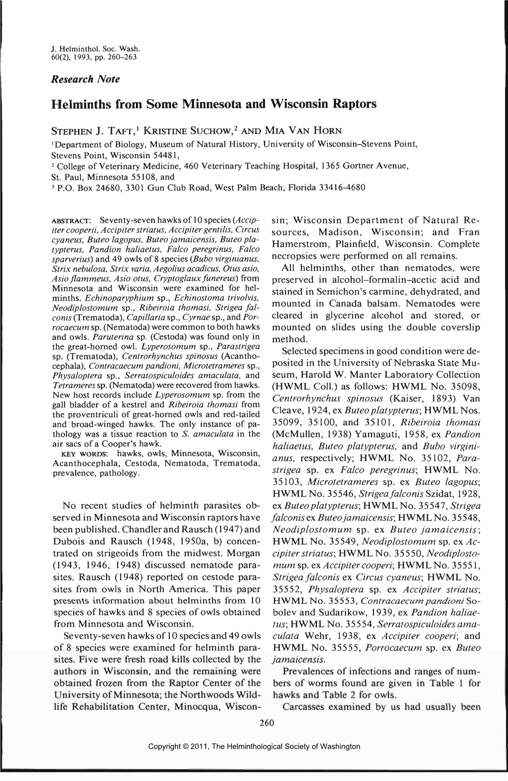 Helminths from Some Minnesota and Wisconsin Raptors