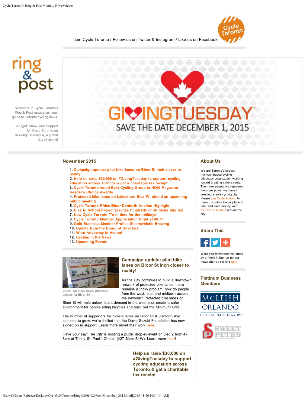 Cycle Toronto's Ring & Post Monthly E-Newsletter